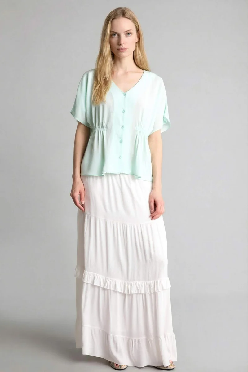ديفاكتو Relax Fit V-Neck Crinkle Viscose Short Sleeve Shirt