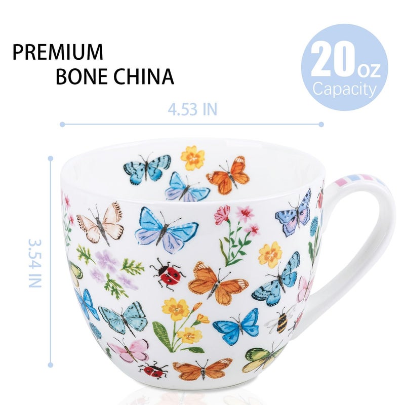 MFoffice Colorful Butterfly Mug - 20oz Bone China Coffee Tea Hug Mug with Multicolor Butterflies, Ladybugs, Bees & Blooms, Perfect Spring Gift for Women and Friends, Designed in England by Harvest Green Studio - Image 2