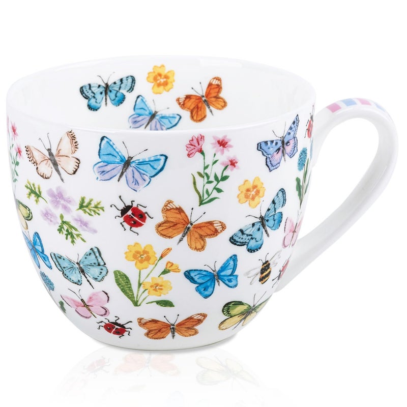 MFoffice Colorful Butterfly Mug - 20oz Bone China Coffee Tea Hug Mug with Multicolor Butterflies, Ladybugs, Bees & Blooms, Perfect Spring Gift for Women and Friends, Designed in England by Harvest Green Studio - Image 1