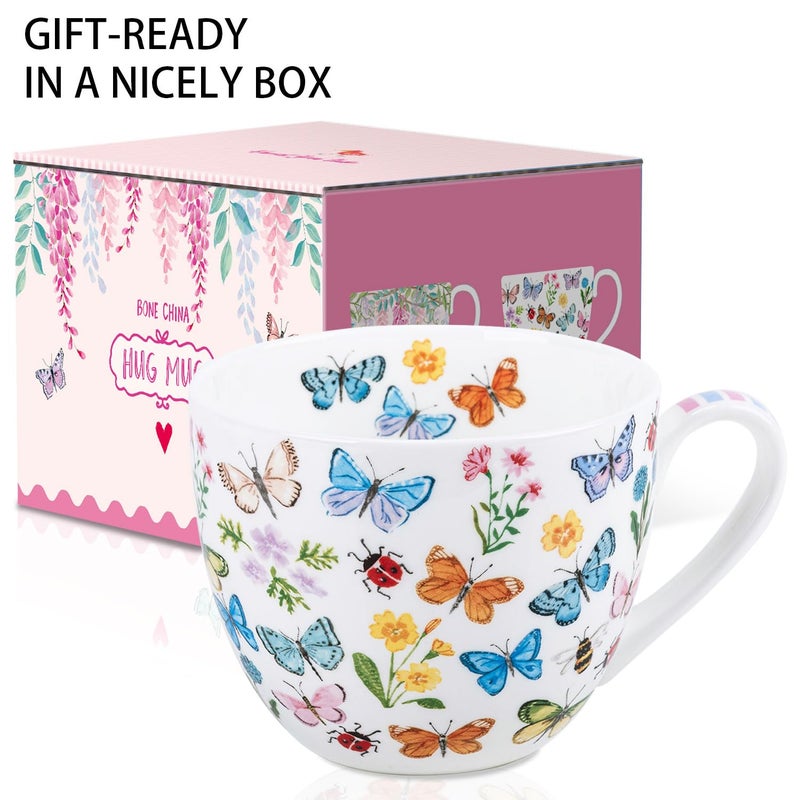 MFoffice Colorful Butterfly Mug - 20oz Bone China Coffee Tea Hug Mug with Multicolor Butterflies, Ladybugs, Bees & Blooms, Perfect Spring Gift for Women and Friends, Designed in England by Harvest Green Studio - Image 3