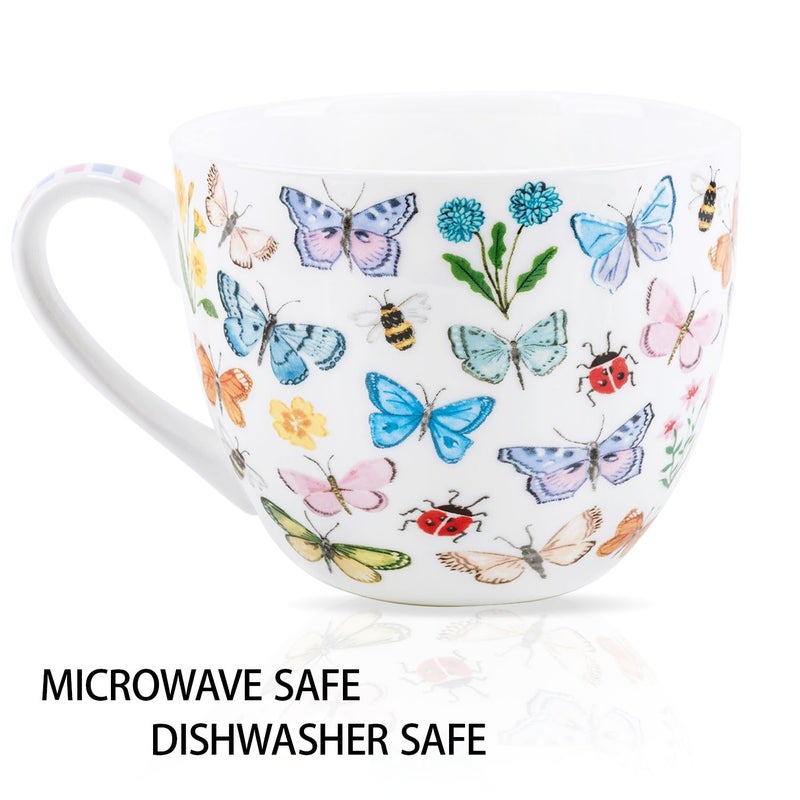 MFoffice Colorful Butterfly Mug - 20oz Bone China Coffee Tea Hug Mug with Multicolor Butterflies, Ladybugs, Bees & Blooms, Perfect Spring Gift for Women and Friends, Designed in England by Harvest Green Studio - Image 4