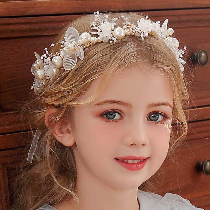 Foyte Crystal Flower Girl Headpiece Leaf Wedding Headband Princess Headpieces Rhinestone Floral Hair Vines Communion Pearl Hair Accessories for Women Pearl
