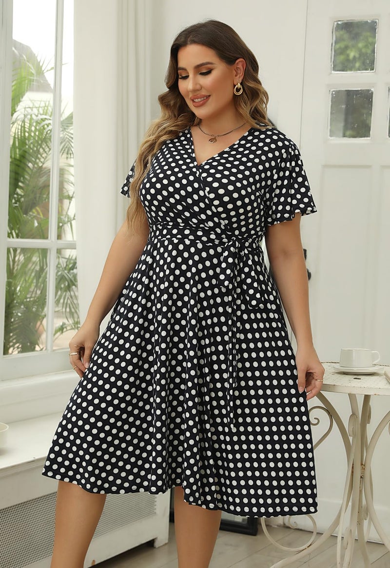 Nemidor Plus Size Dresses for Curvy Women Casual Summer V Neck Short Sleeve Midi Cocktail Vintage Dress with Pocket(073,26,Black Dot) - Image 5