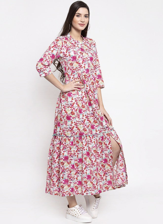 Indibelle Women Pink & White Floral Printed Fit and Flare Midi Dress - Image 3