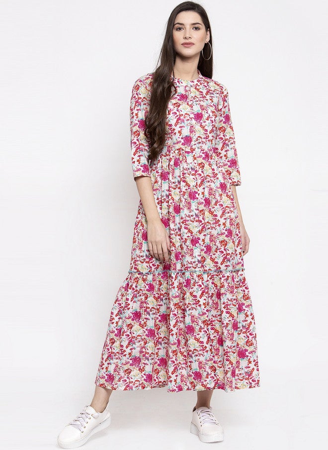 Indibelle Women Pink & White Floral Printed Fit and Flare Midi Dress - Image 1