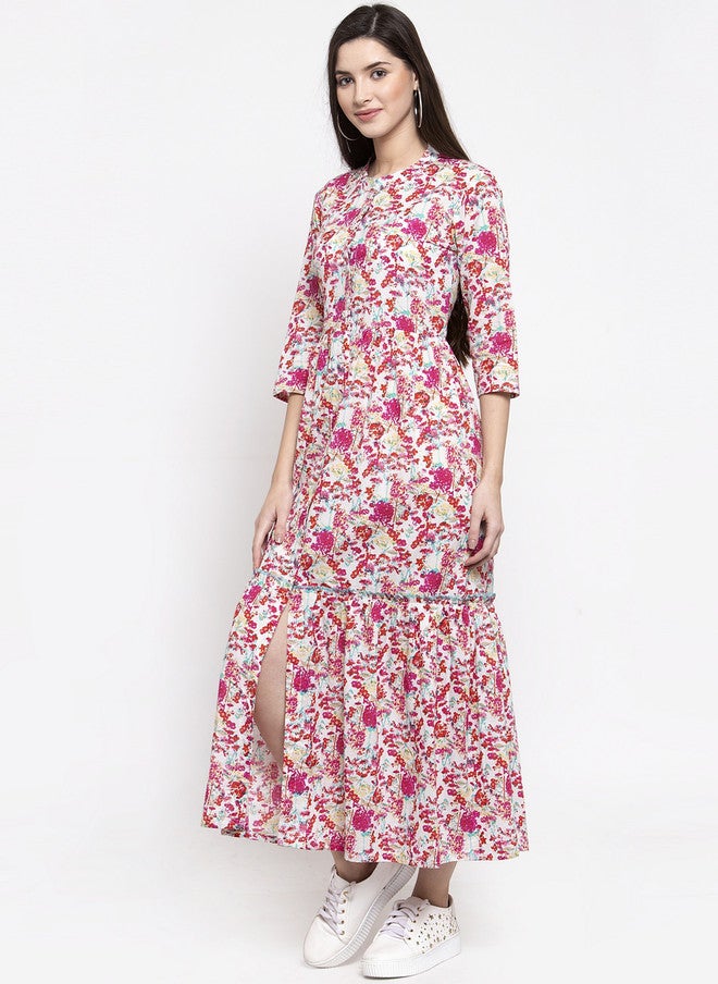 Indibelle Women Pink & White Floral Printed Fit and Flare Midi Dress - Image 5