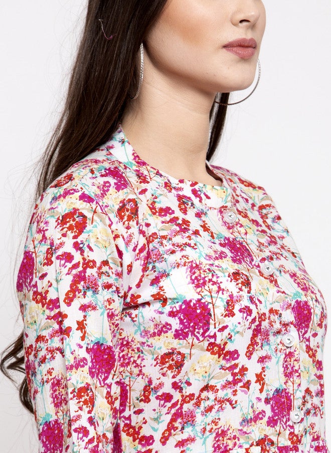 Indibelle Women Pink & White Floral Printed Fit and Flare Midi Dress - Image 2