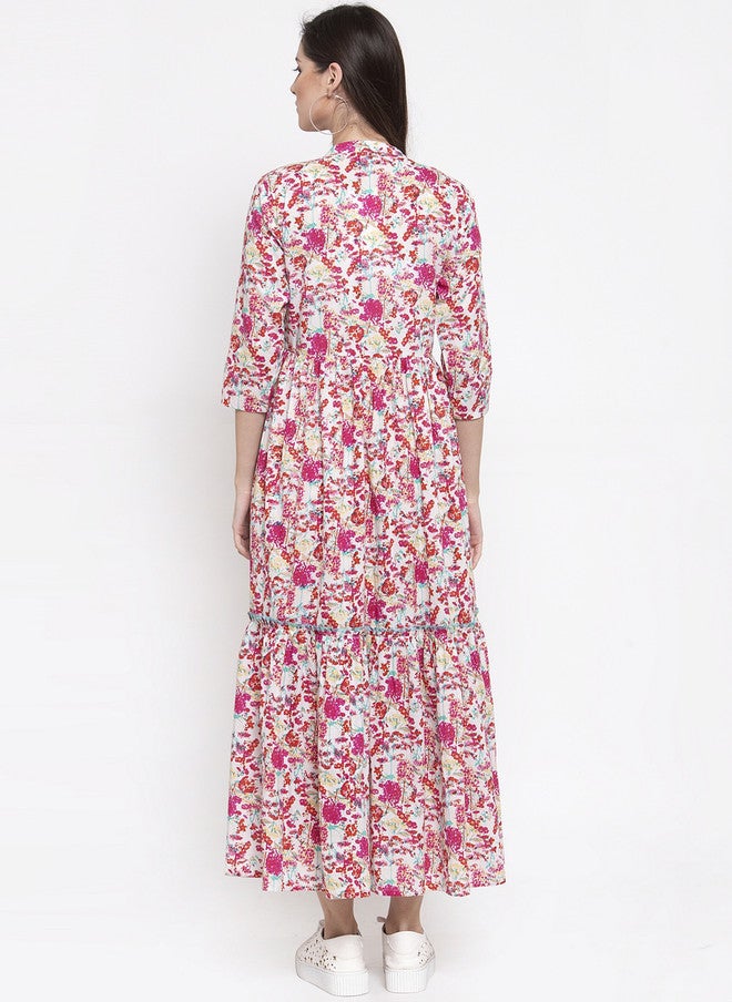 Indibelle Women Pink & White Floral Printed Fit and Flare Midi Dress - Image 4