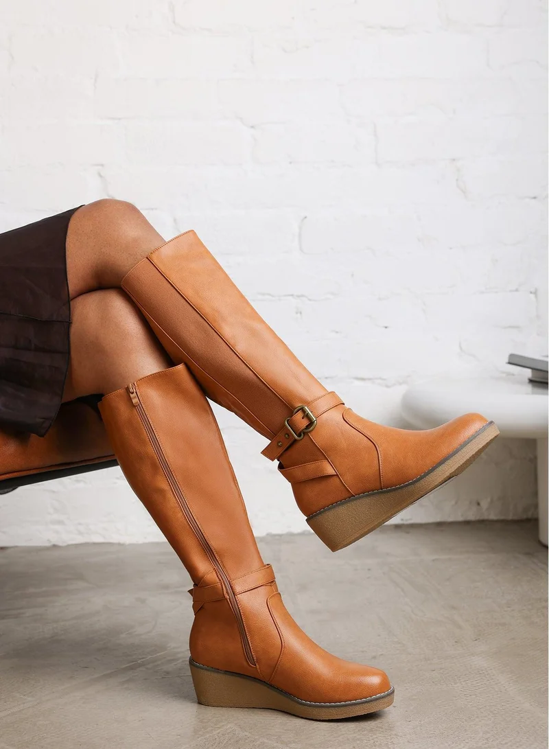 Where's That From 'Ayleen' Wide Calf Wedge Heel Knee High Boots With Elastic Panel