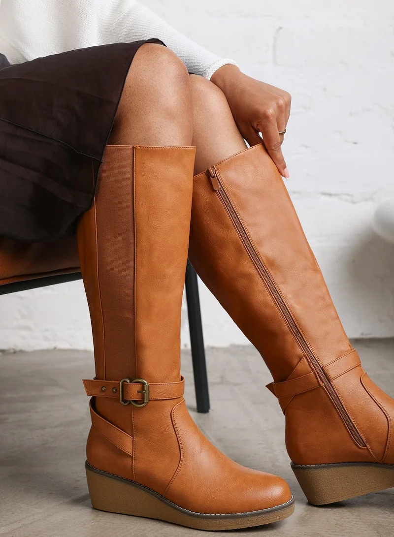 Where's That From 'Ayleen' Wide Calf Wedge Heel Knee High Boots With Elastic Panel