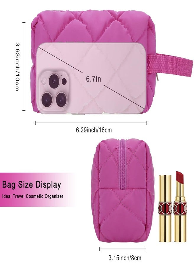 DOB SECHS Quilted Makeup Bag Cosmetic Bag Puffy Make up Pouch Cute Pencil Case Mini Handbag Travel Toiletry Bag for Women Hot Pink Organizer Purse - Image 5