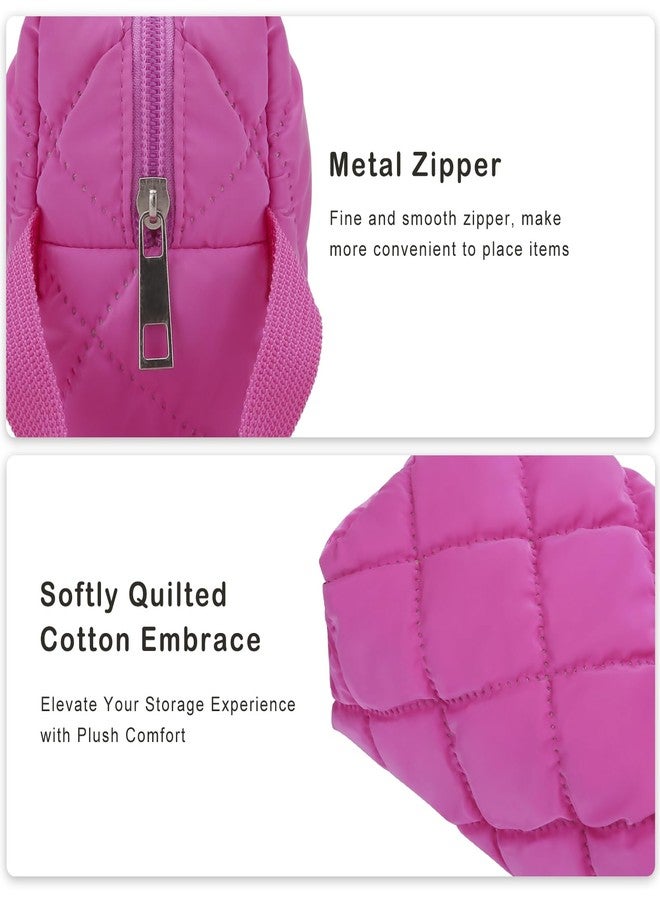 DOB SECHS Quilted Makeup Bag Cosmetic Bag Puffy Make up Pouch Cute Pencil Case Mini Handbag Travel Toiletry Bag for Women Hot Pink Organizer Purse - Image 4