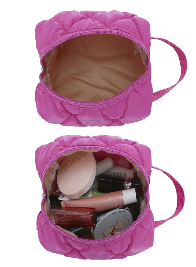 DOB SECHS Quilted Makeup Bag Cosmetic Bag Puffy Make up Pouch Cute Pencil Case Mini Handbag Travel Toiletry Bag for Women Hot Pink Organizer Purse - Image 2