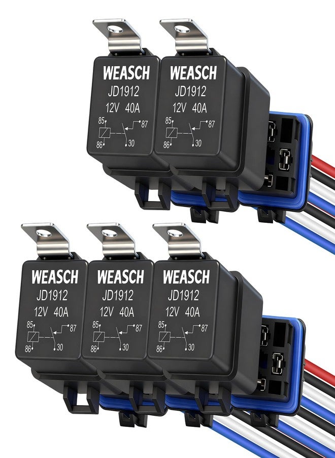 Weasch 5 Pack Waterproof Relay Kit, 12V 40A, 4 Pin SPST, Heavy Duty 14 AWG Tinned Copper Wires Automotive Relay and Harness Set for Automotive Car Marine Boat (5) - Image 1
