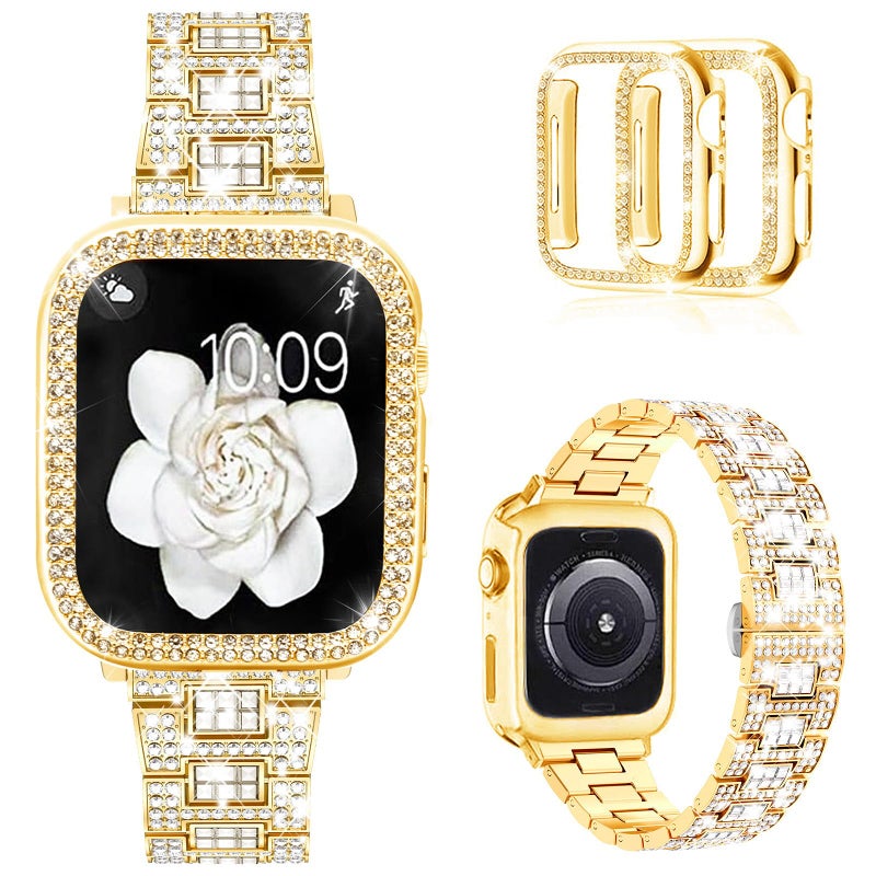 Mosonio Compatible with Apple Watch Band 38mm with Case Women, Bling Metal Wristband Strap with 2 Pack Bling PC Protective Cover for iWatch Series 3/2/1(38mm, Gold) - Image 1