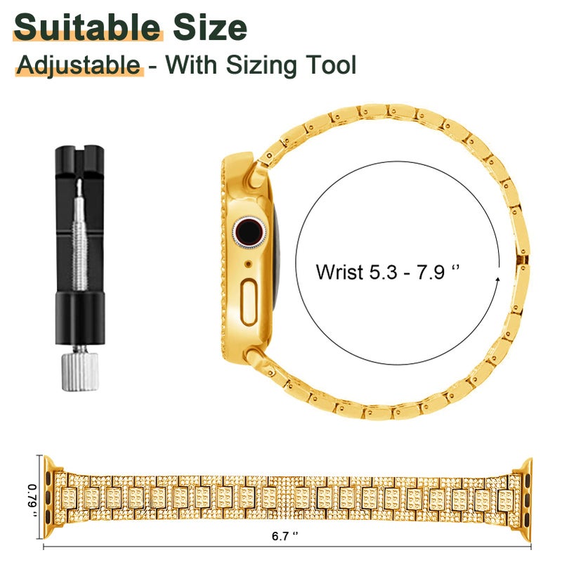 Mosonio Compatible with Apple Watch Band 38mm with Case Women, Bling Metal Wristband Strap with 2 Pack Bling PC Protective Cover for iWatch Series 3/2/1(38mm, Gold) - Image 5