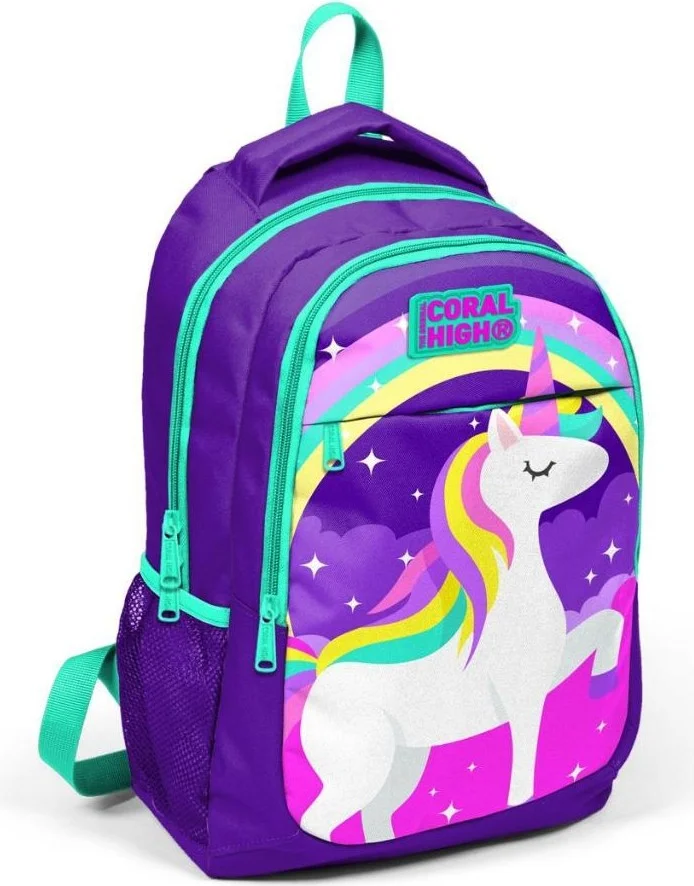 CORAL HIGH Kids Purple Water Green Unicorn Patterned 3-Piece School Bag Set with USB GOSET0123415