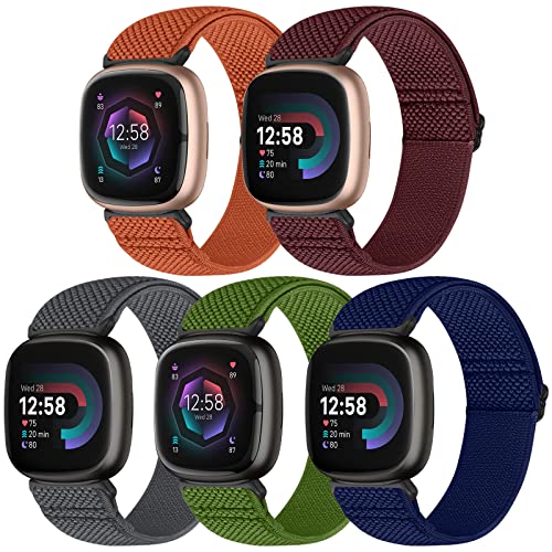 Bcuckood Compatible with Fitbit Versa 4/Versa 3/Sense 2/Sense Band Women Men, 5 Pack Elastic Nylon Soft Adjustable Stretchy Solo Loop Replacement Strap for Women Men - Image 1