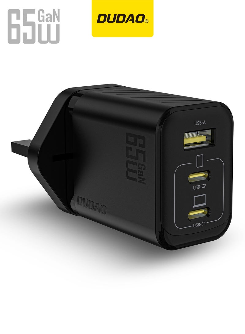 DUDAO 65W GaN 3-Port Super Fast Charger, Compact Laptop Charger Type C Wall Charger, USB + 2*Type-C Power Adapter, 9-Layer Safety Protection, Smart Temperature Control, Compatible with All Phone Models, Tablets, Laptops, Watches - Image 1
