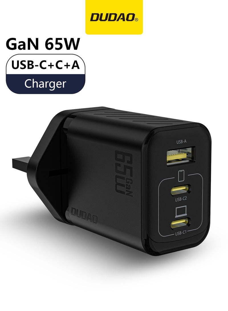 دوداو شاحن سريع GaN بقوة 65 واط – شاحن حائط Type-C مدمج بثلاثة منافذ (USB + 2×Type-C) – شحن آمن بتقنية 9 طبقات، تبريد ذكي، متوافق مع جميع الهواتف، الأجهزة اللوحية، اللابتوبات والساعات - Image 1