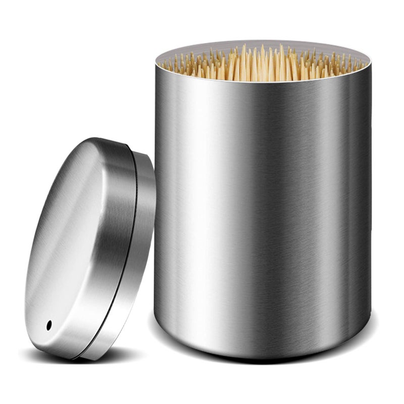YIFOCUS Stainless Steel Metal Toothpick Holder Dispenser Thickening Tooth Picks Lot Container with 500 Pieces Bamboo Round Toothpicks for Teeth and Appetizer