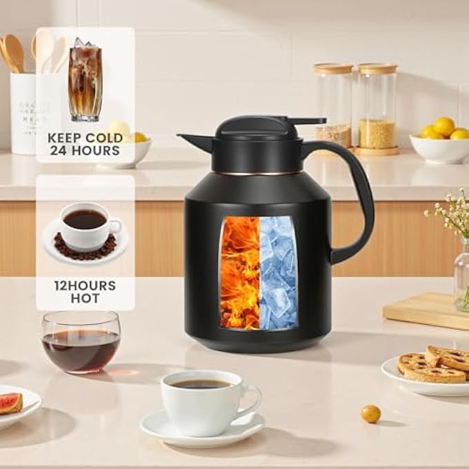 ريحني إبريق قهوة حراري معزول بسعة 2 لتر، إبريق شاي من الفولاذ المقاوم للصدأ وإبريق شفط مزدوج الجدار من نوع الفراغ للقهوة، مشروب ماء الشاي أسود - Image 3