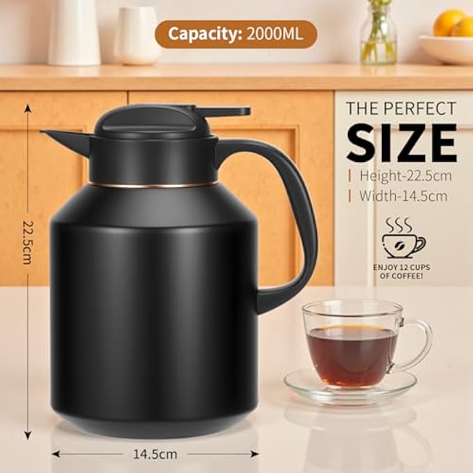 ريحني إبريق قهوة حراري معزول بسعة 2 لتر، إبريق شاي من الفولاذ المقاوم للصدأ وإبريق شفط مزدوج الجدار من نوع الفراغ للقهوة، مشروب ماء الشاي أسود - Image 4