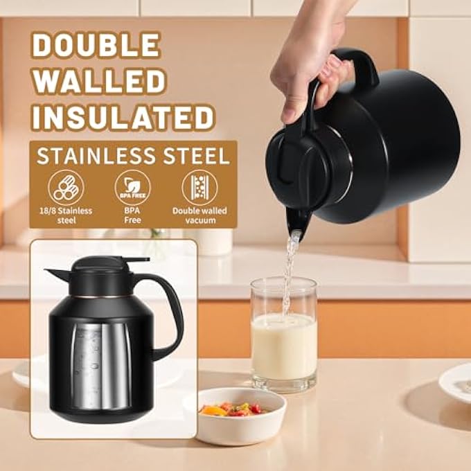ريحني إبريق قهوة حراري معزول بسعة 2 لتر، إبريق شاي من الفولاذ المقاوم للصدأ وإبريق شفط مزدوج الجدار من نوع الفراغ للقهوة، مشروب ماء الشاي أسود - Image 5
