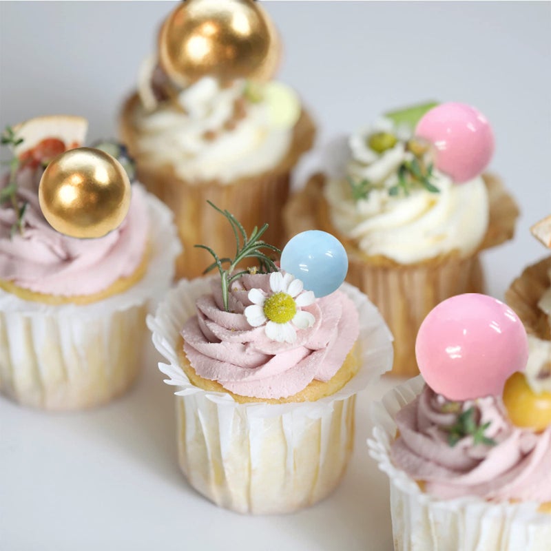 RASSLISA Ball Cake Topper Ball Cake Picks Colorful Pearl Ball Shaped Cupcake Insert Cake Topper for Bear Theme Birthday Party Favors Wedding Decoration Supplies (Gold Pink Blue) - Image 5