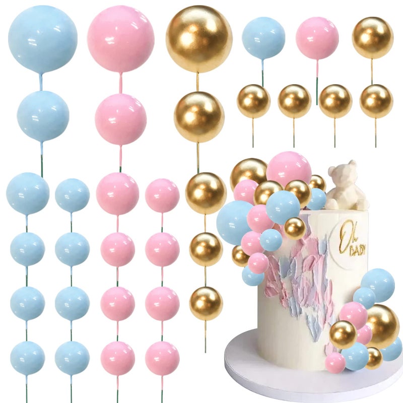 RASSLISA Ball Cake Topper Ball Cake Picks Colorful Pearl Ball Shaped Cupcake Insert Cake Topper for Bear Theme Birthday Party Favors Wedding Decoration Supplies (Gold Pink Blue) - Image 1