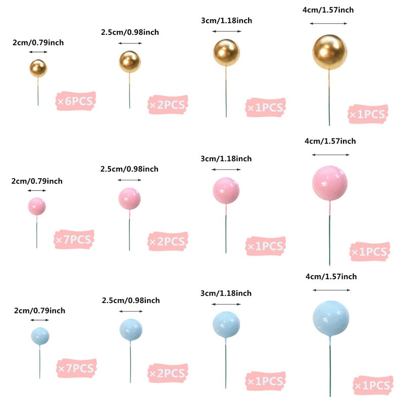 RASSLISA Ball Cake Topper Ball Cake Picks Colorful Pearl Ball Shaped Cupcake Insert Cake Topper for Bear Theme Birthday Party Favors Wedding Decoration Supplies (Gold Pink Blue) - Image 2