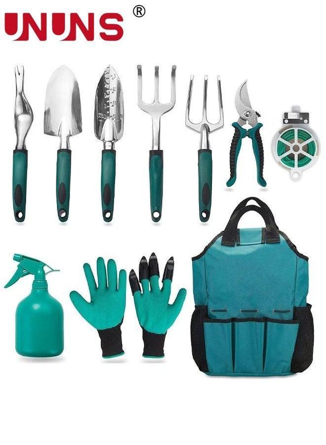 UNUNS مجموعة أدوات الحديقة، 10 قطع أدوات البستنة مع طباعة زهور بنفسجية، صندوق تخزين مجموعة أدوات من سبائك الألمنيوم، أدوات خارجية، مجرفة بمقبض مريح، أشعل، مقص، هدية للنساء والرجال - Image 1