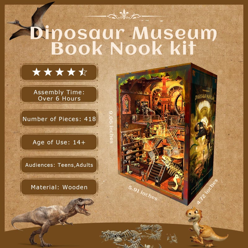 VORATHIS Book Nook Kit - DIY 3D Wooden Puzzle Miniature House with LED Lights - Creative Crafts for Adults - Bookshelf Insert Decor - Educational Gift for Family & Friendsï¼ˆDinosaur Museumï¼‰ - Image 2