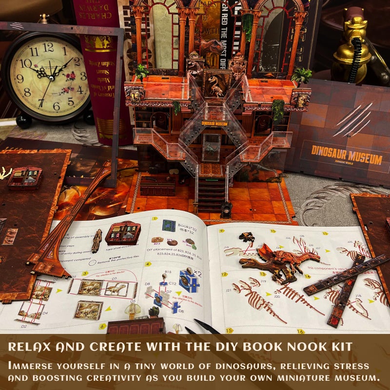 VORATHIS Book Nook Kit - DIY 3D Wooden Puzzle Miniature House with LED Lights - Creative Crafts for Adults - Bookshelf Insert Decor - Educational Gift for Family & Friendsï¼ˆDinosaur Museumï¼‰ - Image 4
