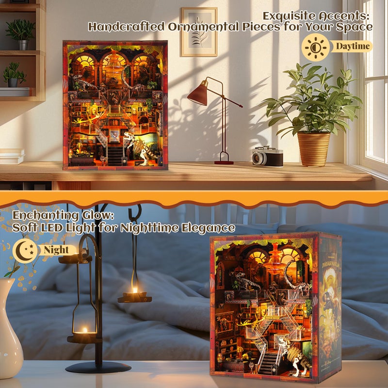VORATHIS Book Nook Kit - DIY 3D Wooden Puzzle Miniature House with LED Lights - Creative Crafts for Adults - Bookshelf Insert Decor - Educational Gift for Family & Friendsï¼ˆDinosaur Museumï¼‰ - Image 5