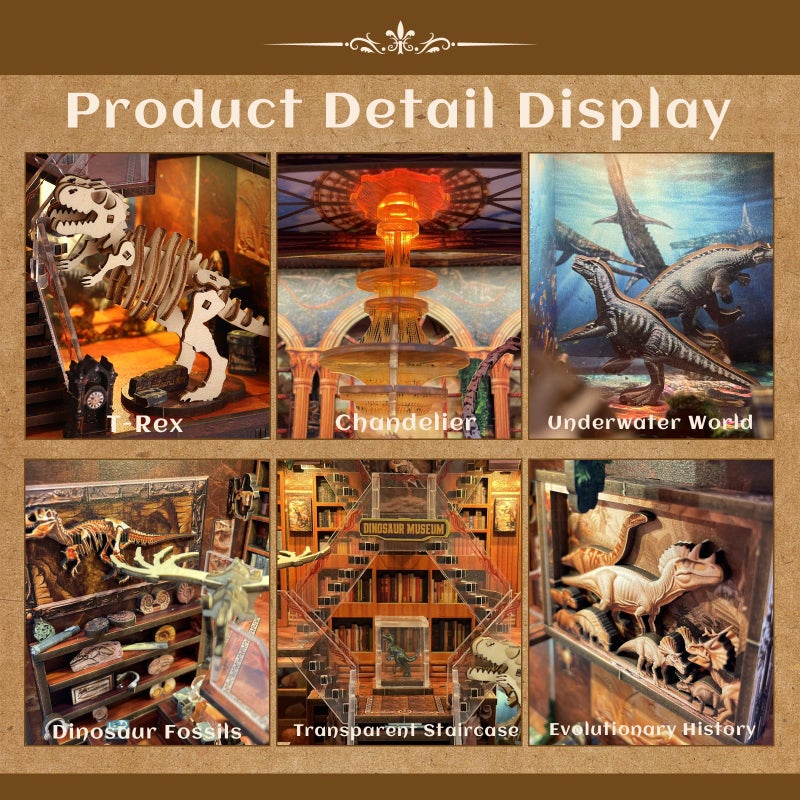 VORATHIS Book Nook Kit - DIY 3D Wooden Puzzle Miniature House with LED Lights - Creative Crafts for Adults - Bookshelf Insert Decor - Educational Gift for Family & Friendsï¼ˆDinosaur Museumï¼‰ - Image 3
