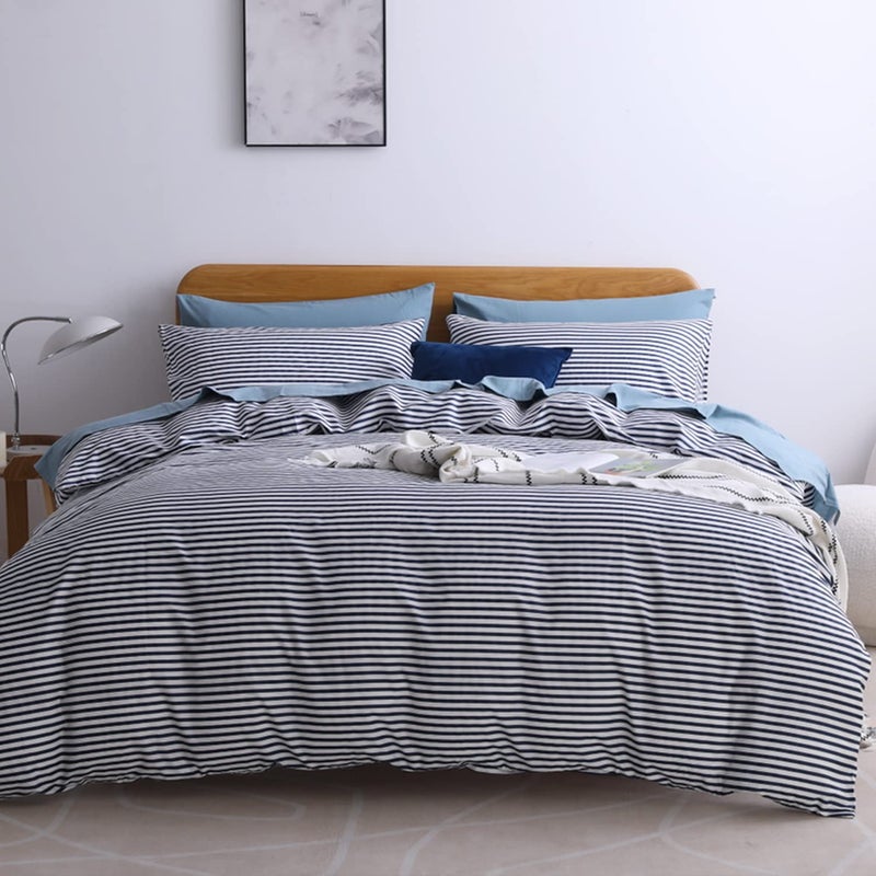 JELLYMONI 100% Natural Cotton 3pcs Striped Duvet Cover Sets,White with Navy Blue Stripes Pattern Printed Comforter Cover,with Zipper Closure & Corner Ties(Queen Size) - Image 1