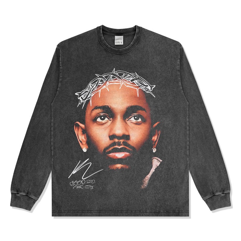 Retro Trendy Hip-Hop Kung Fu Kendrick Printed Short-Sleeve Heavyweight Pure Cotton Versatile Sweatshirt - Image 1