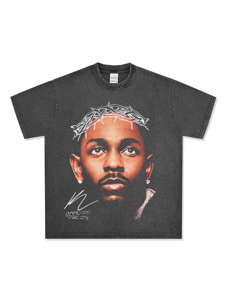 Retro Trendy Hip-Hop Kung Fu Kendrick Printed Short-Sleeve Heavyweight Pure Cotton Versatile Sweatshirt - Image 3