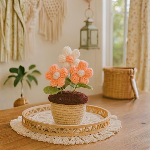 Akaar Decor's Handcrafted Peach & White Crochet Flower with Pot | Artificial Flowers for Home | Birthday | Anniversary | Housewarming Gifts | 100% Handmade Yarn Flower Décor - Image 1