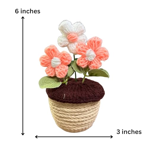Akaar Decor's Handcrafted Peach & White Crochet Flower with Pot | Artificial Flowers for Home | Birthday | Anniversary | Housewarming Gifts | 100% Handmade Yarn Flower Décor - Image 4