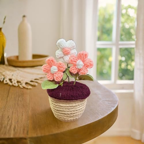 Akaar Decor's Handcrafted Peach & White Crochet Flower with Pot | Artificial Flowers for Home | Birthday | Anniversary | Housewarming Gifts | 100% Handmade Yarn Flower Décor - Image 2