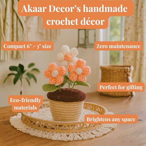 Akaar Decor's Handcrafted Peach & White Crochet Flower with Pot | Artificial Flowers for Home | Birthday | Anniversary | Housewarming Gifts | 100% Handmade Yarn Flower Décor - Image 5