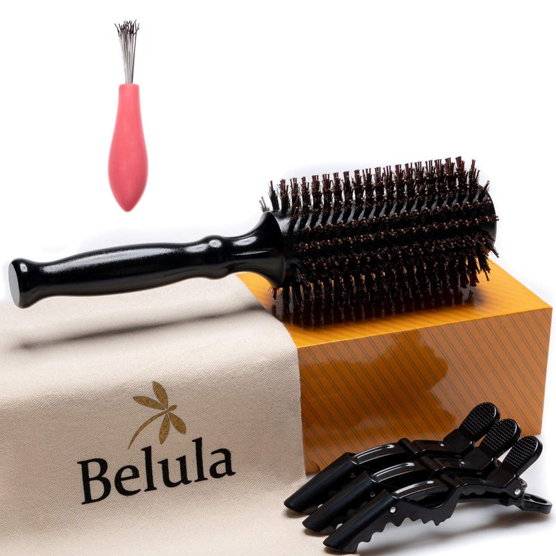 Boar Bristle Round Brush for Blow Out Set by Belula Round Hair Brush For Blow Drying Medium 24 Wooden Barrel Hairbrush Ideal to Add Volume and Body Free 3 x Hair Clips  Travel Bag