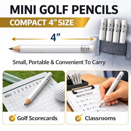 TH Golf 100pcs Golf Pencils, 4 Inch Mini Half Pencils with Eraser Sharpened Wood Mini Round for Schools Wedding Toddlers Home Corporate Multiple Colours (White) - Image 2