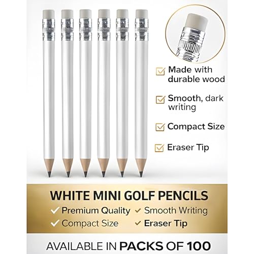 TH Golf 100pcs Golf Pencils, 4 Inch Mini Half Pencils with Eraser Sharpened Wood Mini Round for Schools Wedding Toddlers Home Corporate Multiple Colours (White) - Image 3