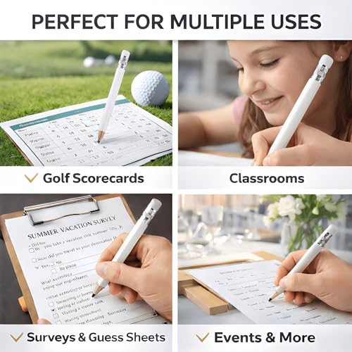 TH Golf 100pcs Golf Pencils, 4 Inch Mini Half Pencils with Eraser Sharpened Wood Mini Round for Schools Wedding Toddlers Home Corporate Multiple Colours (White) - Image 5