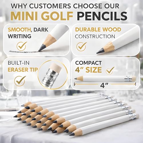 TH Golf 100pcs Golf Pencils, 4 Inch Mini Half Pencils with Eraser Sharpened Wood Mini Round for Schools Wedding Toddlers Home Corporate Multiple Colours (White) - Image 4