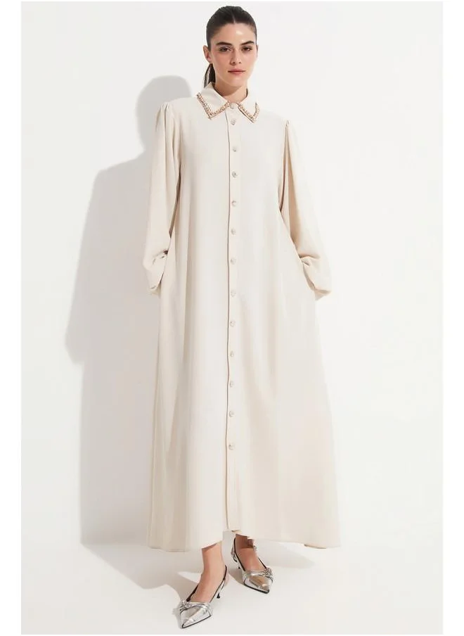 جون June Shirt Neck Stone Detailed Dress Beige