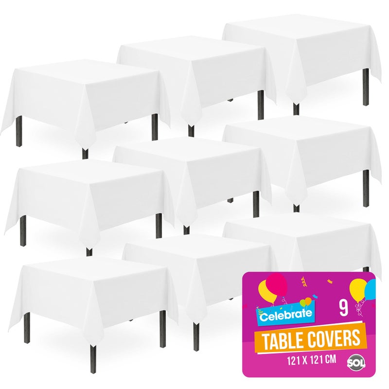 SOL 9pk White Table Cloth Party 121x121cm Plastic Cover Tablecloth Disposable for Parties  Heavy Duty Spill Protection  Opaque Design for Weddings Buffets Catering Gender Reveals  Events